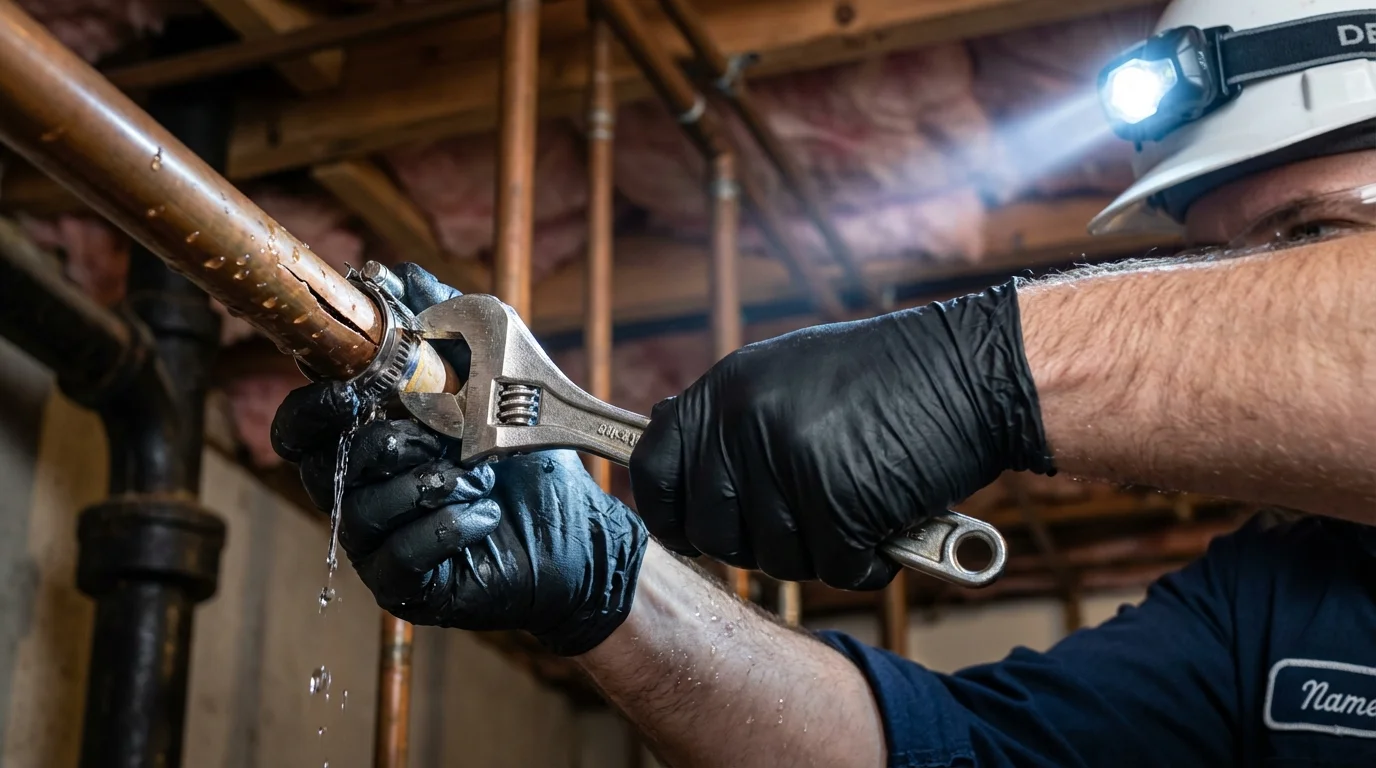 Emergency pipe clamp repair being performed by a Johns Plumbing LLC plumber in Yalaha