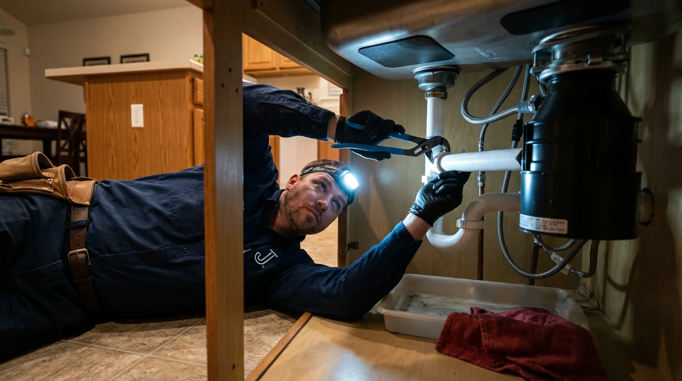 P-trap and supply line connections under a kitchen sink showing a common leak point in Yalaha, FL